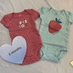 Carter's - Set of 2 Bodysuits/Onesies - Teal & Red with Strawberry & Love Print
